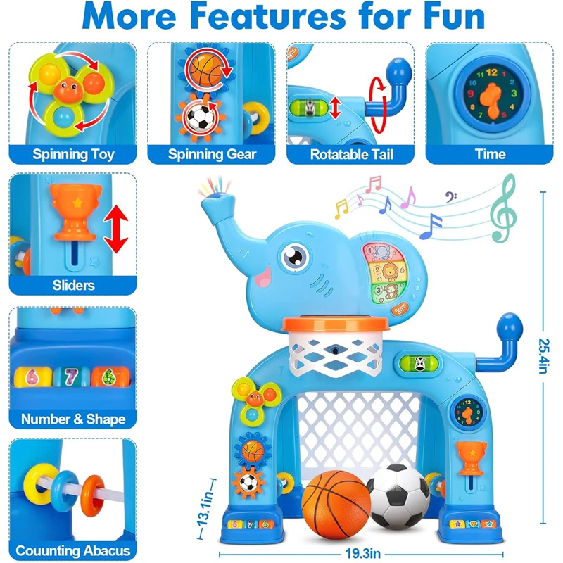 Elephant Sport Set, Toddler Basketball Hoop & Soccer Goal Activity Center Toys with Light & Music For age 1-4 Years Old